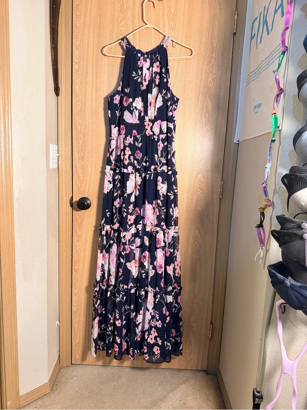 Eliza J Navy Floral Halter Maxi Dress with Pink Blooms
